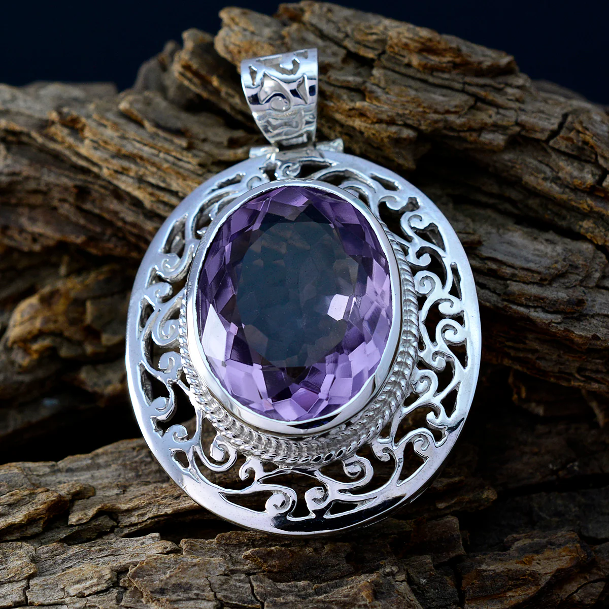 Amethyst Chunky German Sterling Silver Solitaire Nova Geometric Purple Pendant Jewellery - Image 3