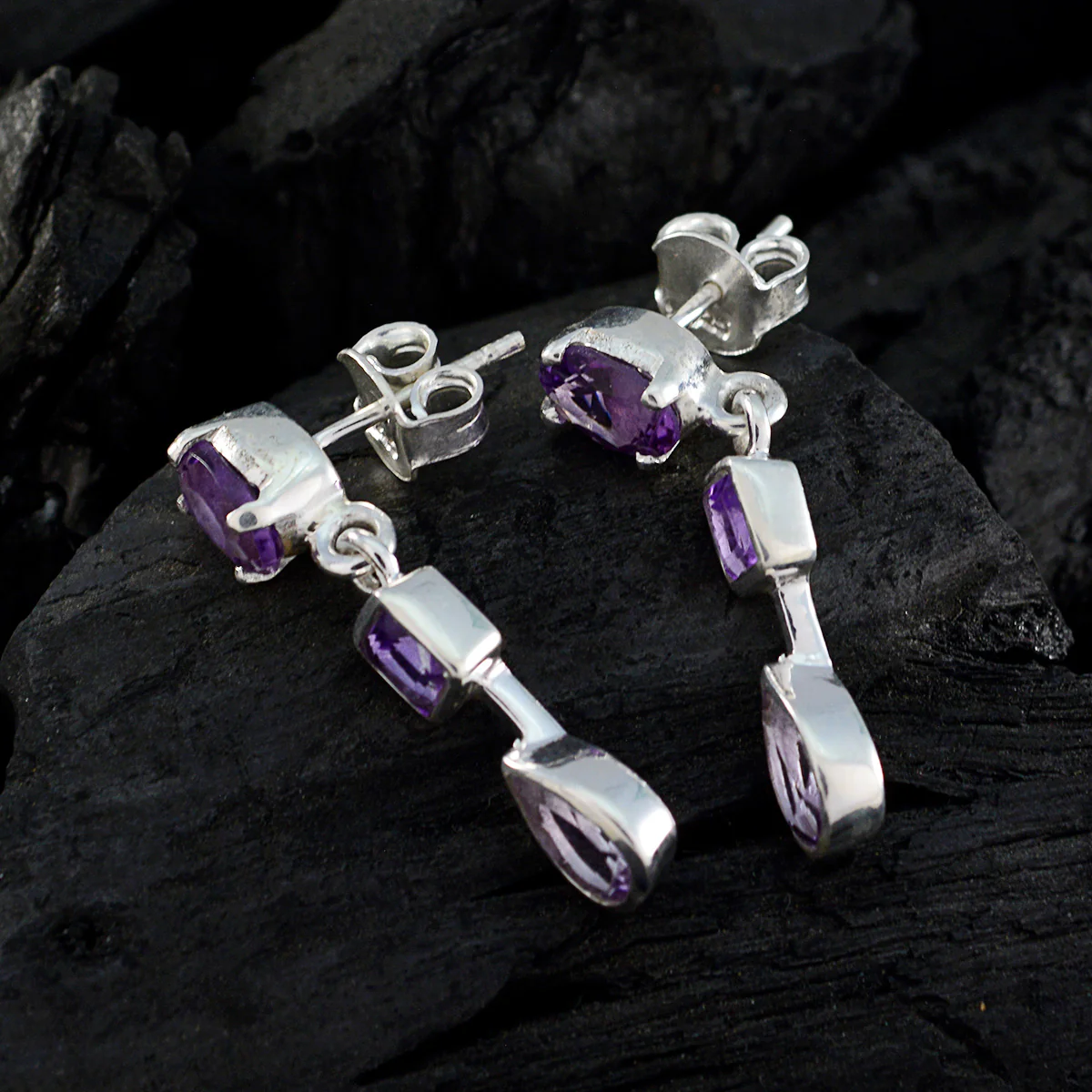 Amethyst French Leah multiple Stud Purple 92.5 Silver Earring - Image 2
