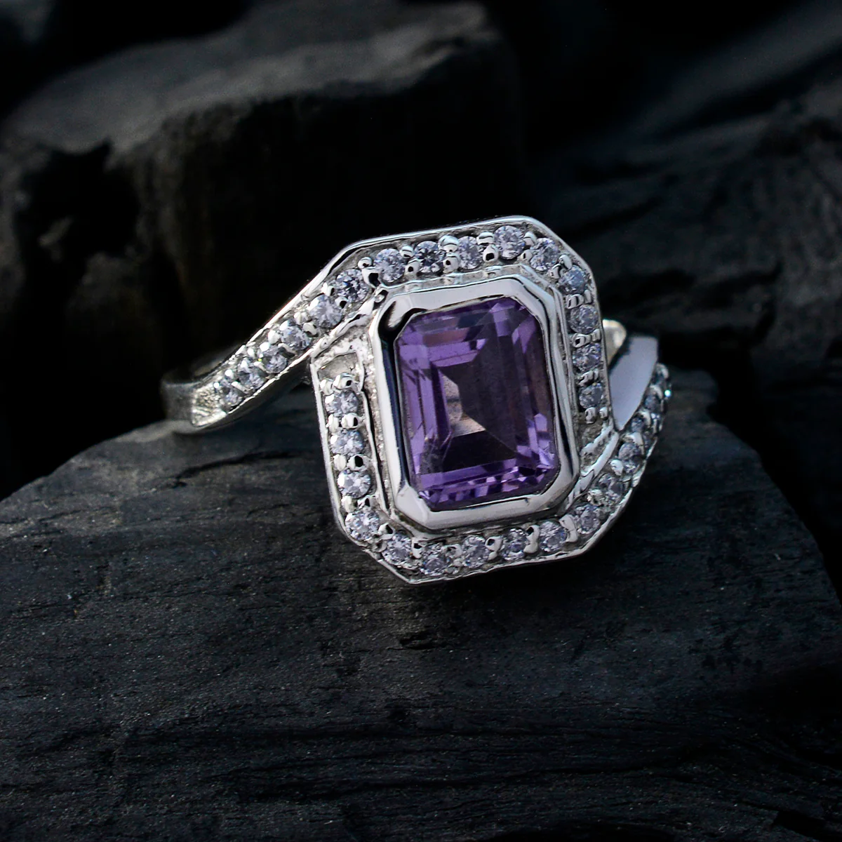 Amethyst Halo Egyptian 925 Sterling Silver Purple Gems Eye-catching Modern Ring Jewellery - Image 5