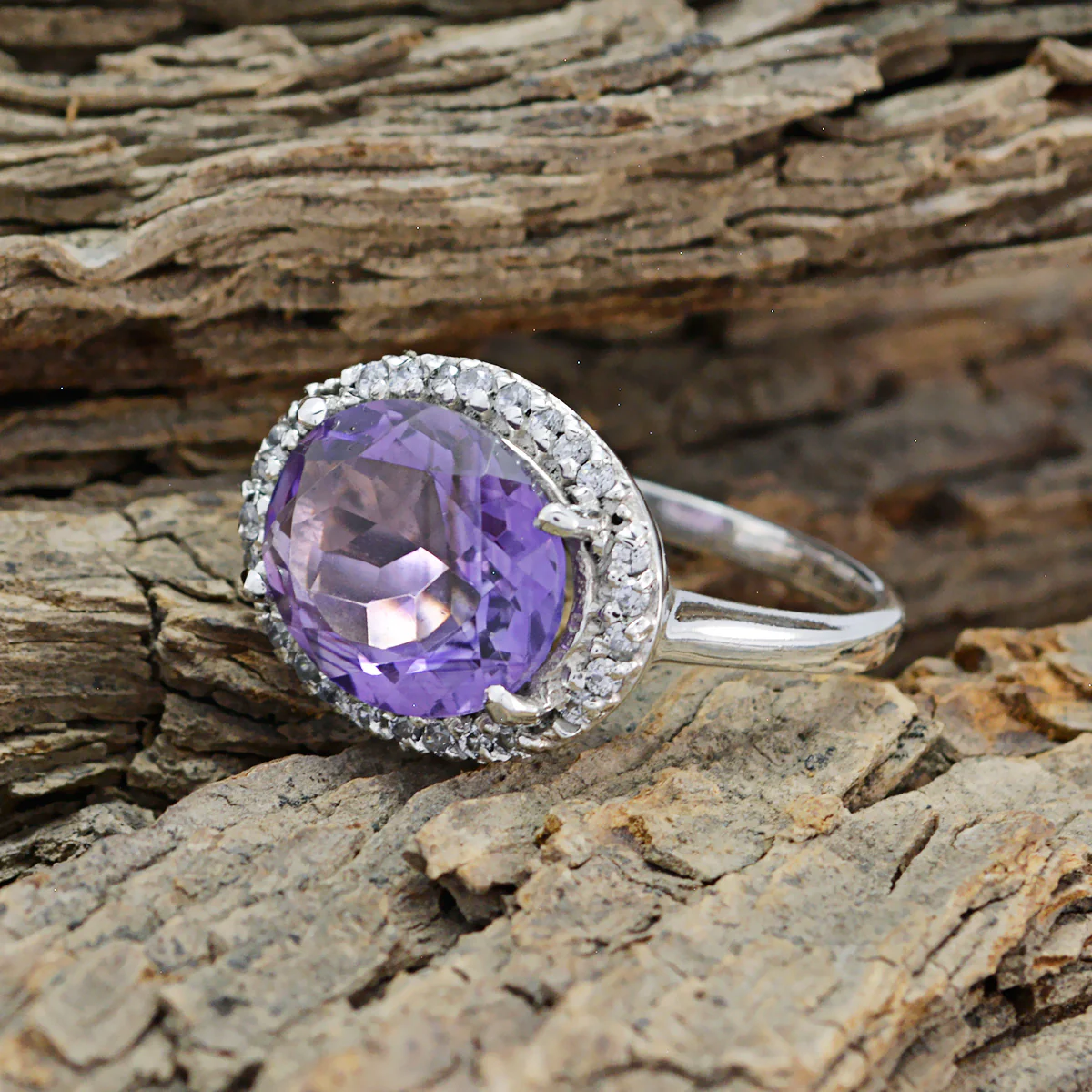 Amethyst Halo French 92.5 Silver Purple Gemstones Versatile Trendy Ring Jewelry - Image 3