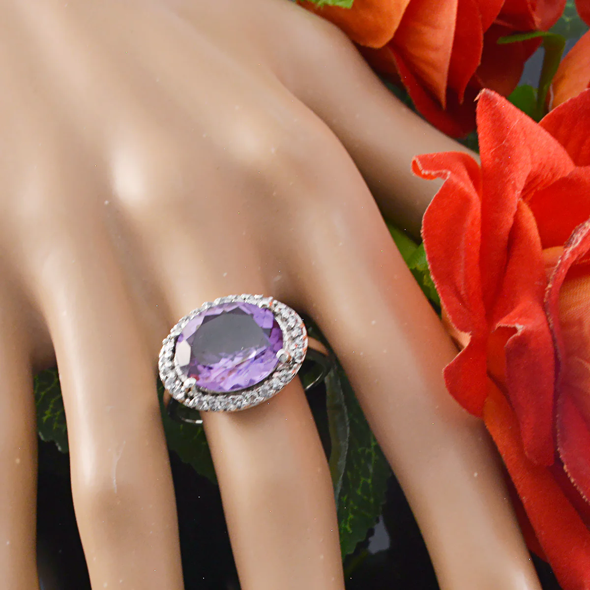 Amethyst Halo French 92.5 Silver Purple Gemstones Versatile Trendy Ring Jewelry - Image 5