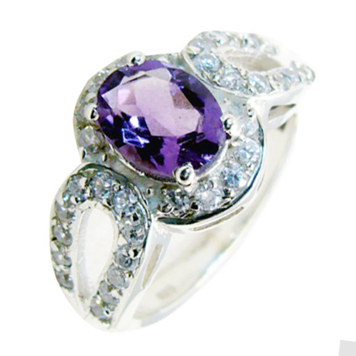Amethyst Halo French 925 Sterling Silver Purple Gemstone Slim Abstract Ring Jewellery - Image 2
