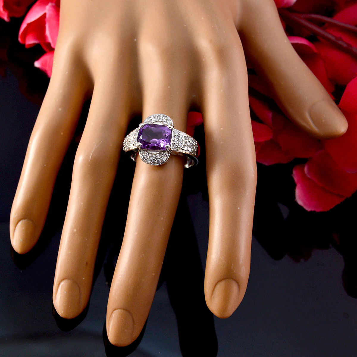 Amethyst Halo Indian 925 Silver Purple Gems Mid-weight Contemporary Ring Jewelry - Image 6