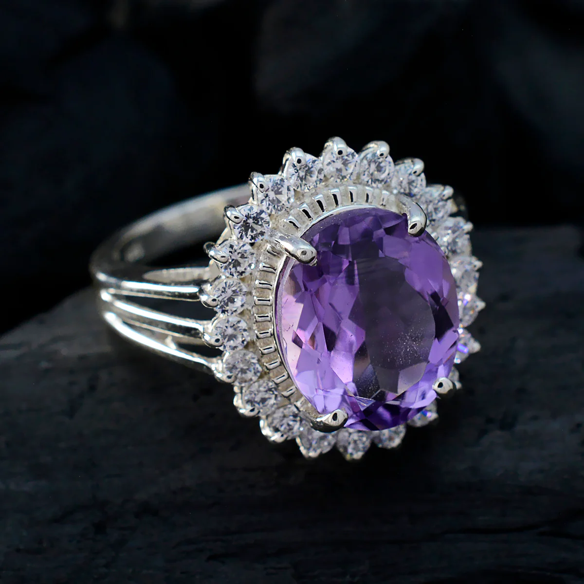 Amethyst Halo Moroccan Silver Purple Gemstones Classic Signet Ring Jewelry - Image 4