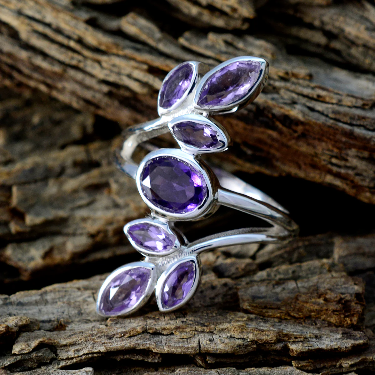 Amethyst Hepta Indian Sterling Silver Purple Gemstone Classic Leafy Ring Jewellery - Image 3