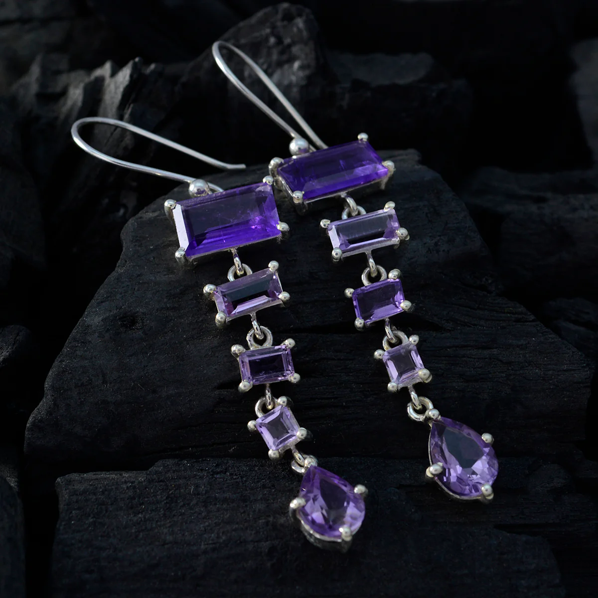 Amethyst Middle Eastern Aisha multiple Dangle Purple Silver Earring - Image 2