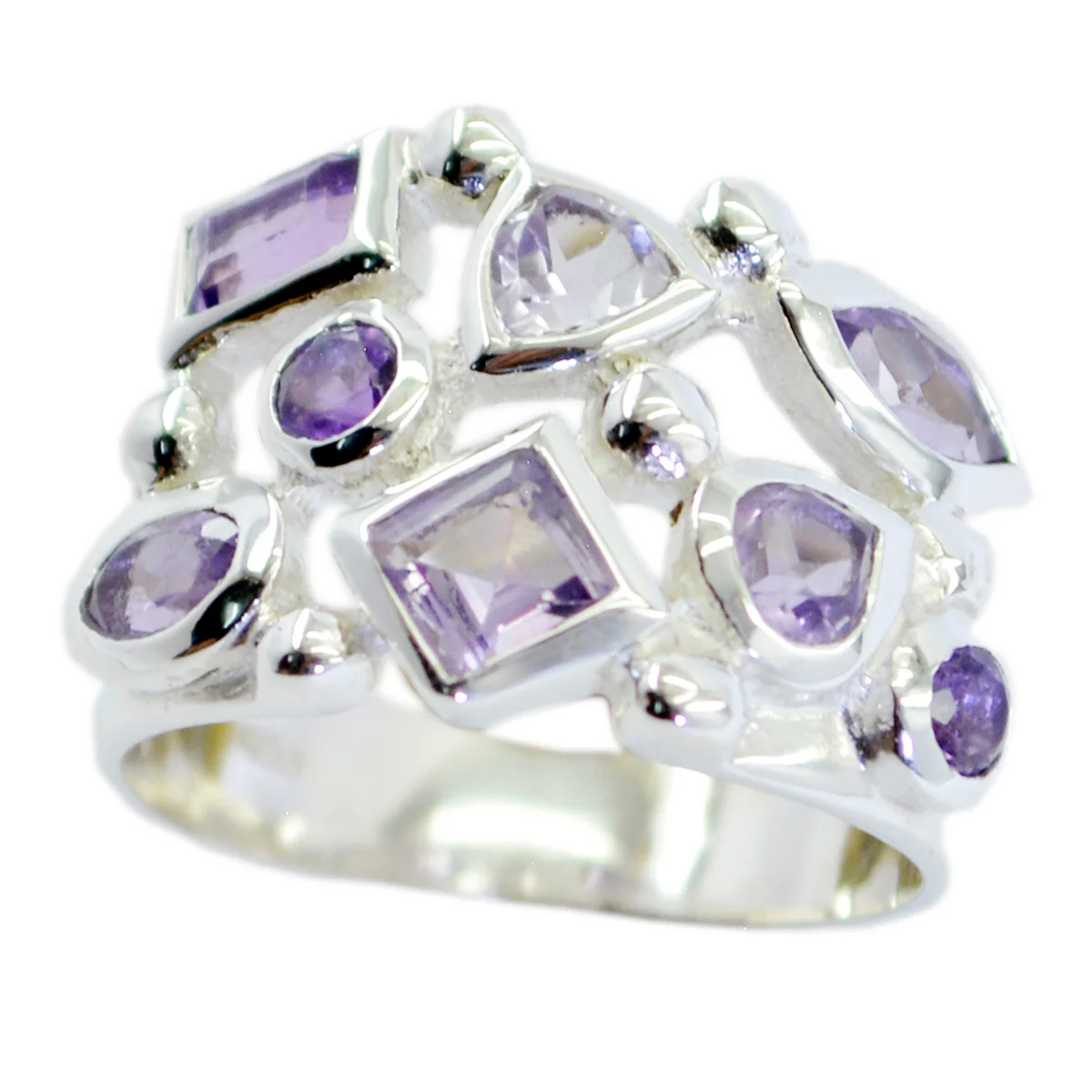 Amethyst multiple French 925 Sterling Silver Purple Gemstones Eye-catching Modern Ring Jewelry