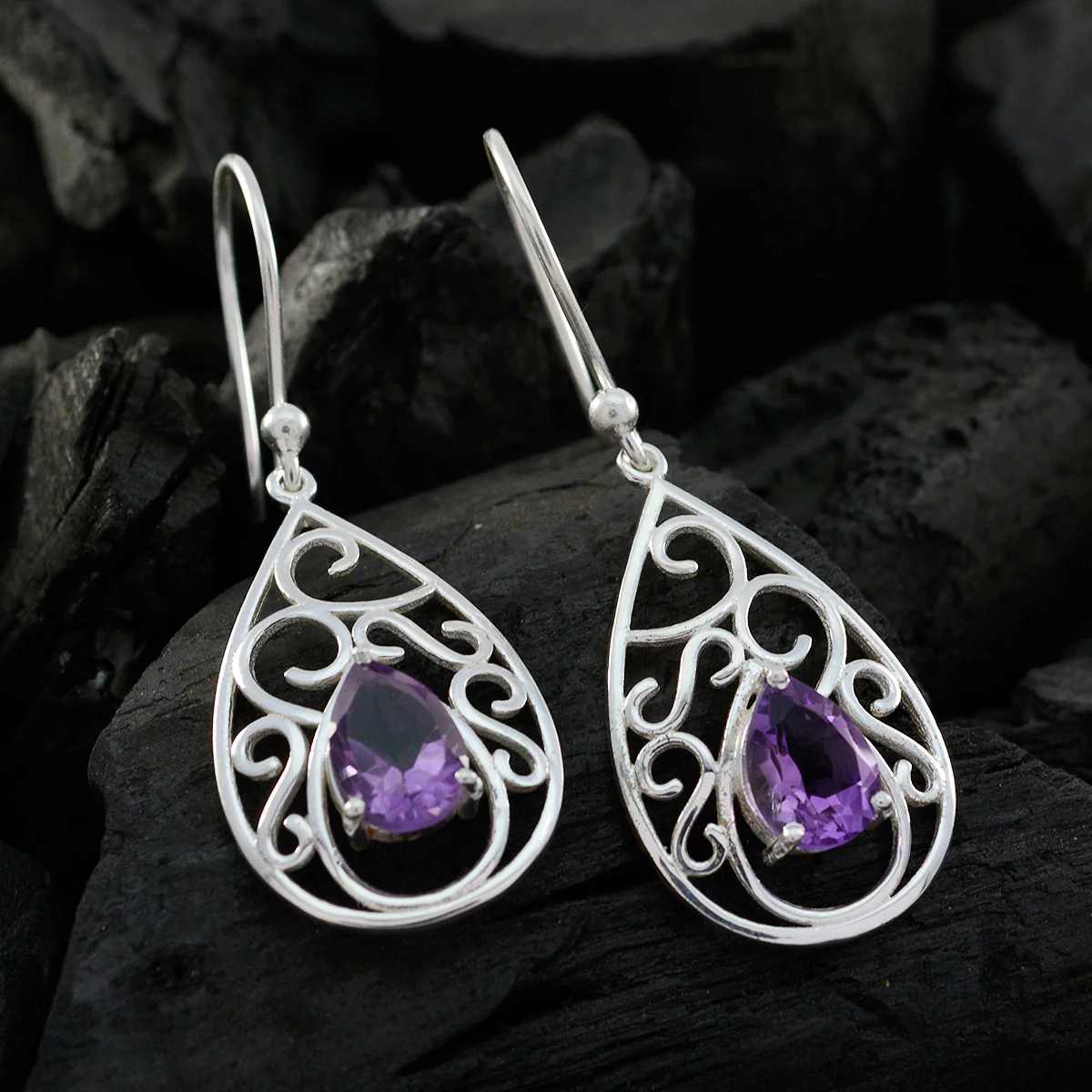Amethyst Russian Laura Solitaire Dangle Purple Sterling Silver Earring - Image 2