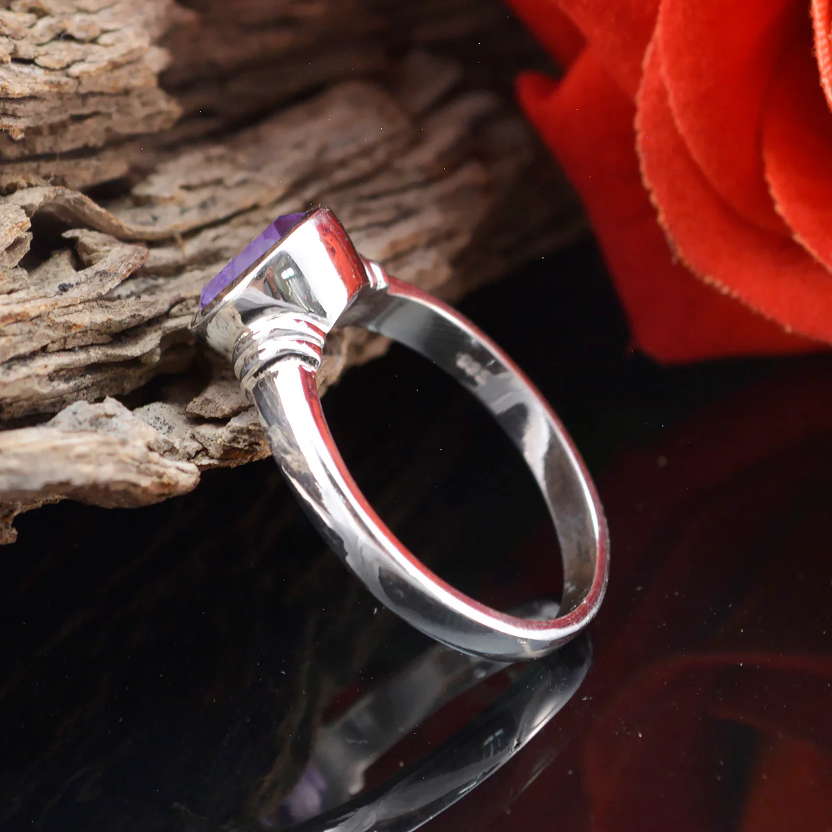 Amethyst Solitaire American Sterling Silver 925 Purple Gemstones Whisper-thin Trendy Ring Jewelry - Image 2