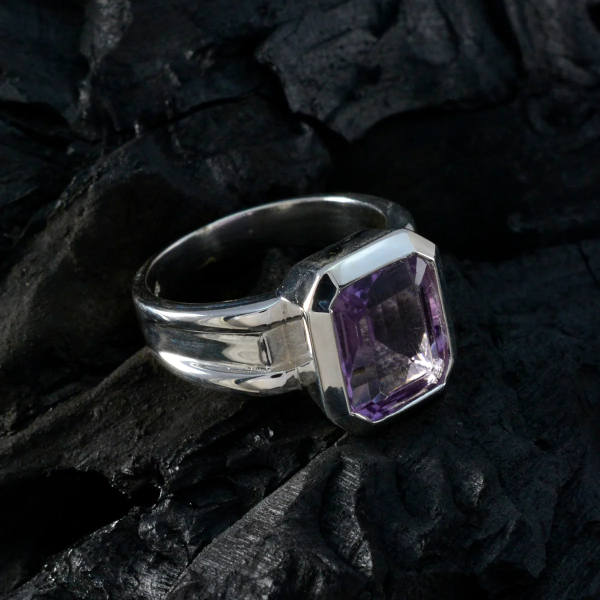 Amethyst Solitaire French 925 Sterling Silver Purple Gemstone Edgy Modern Ring Jewellery - Image 4
