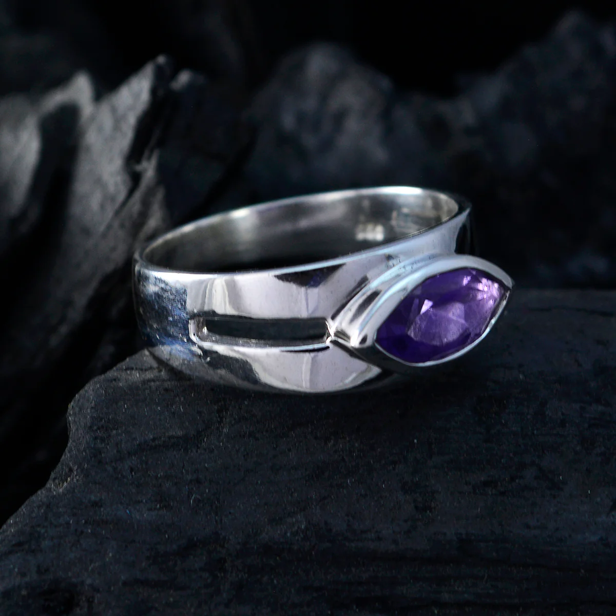 Amethyst Solitaire French Sterling Silver Purple Gemstones Slim Contemporary Ring Jewelry - Image 5