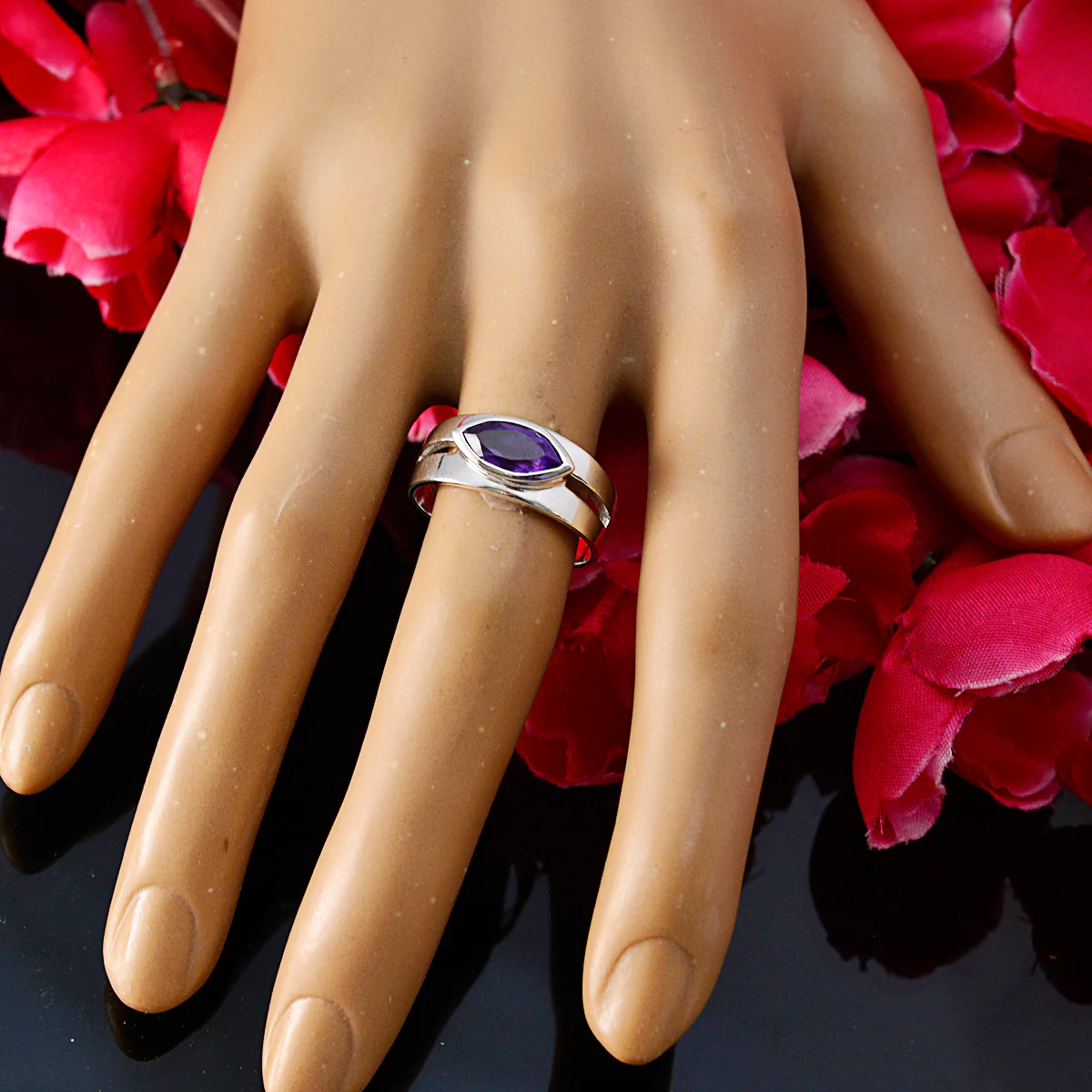 Amethyst Solitaire French Sterling Silver Purple Gemstones Slim Contemporary Ring Jewelry - Image 6