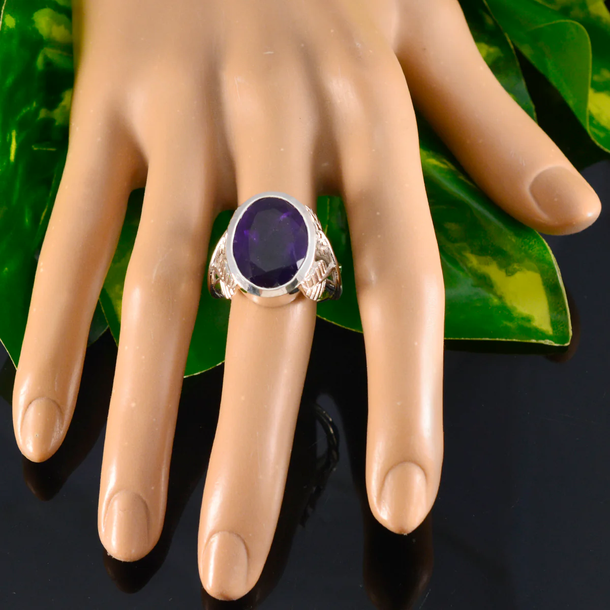 Amethyst Solitaire German Silver Purple Gemstone Statement Leafy Ring Jewellery - Image 6