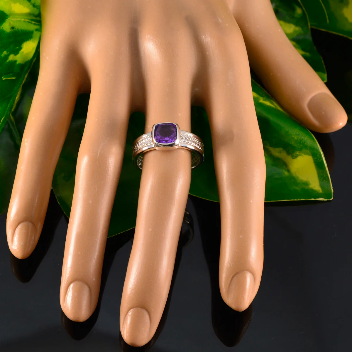Amethyst Solitaire Middle Eastern 925 Sterling Silver Purple Gems Mid-weight Rope-Wire Band Jewelry - Image 5