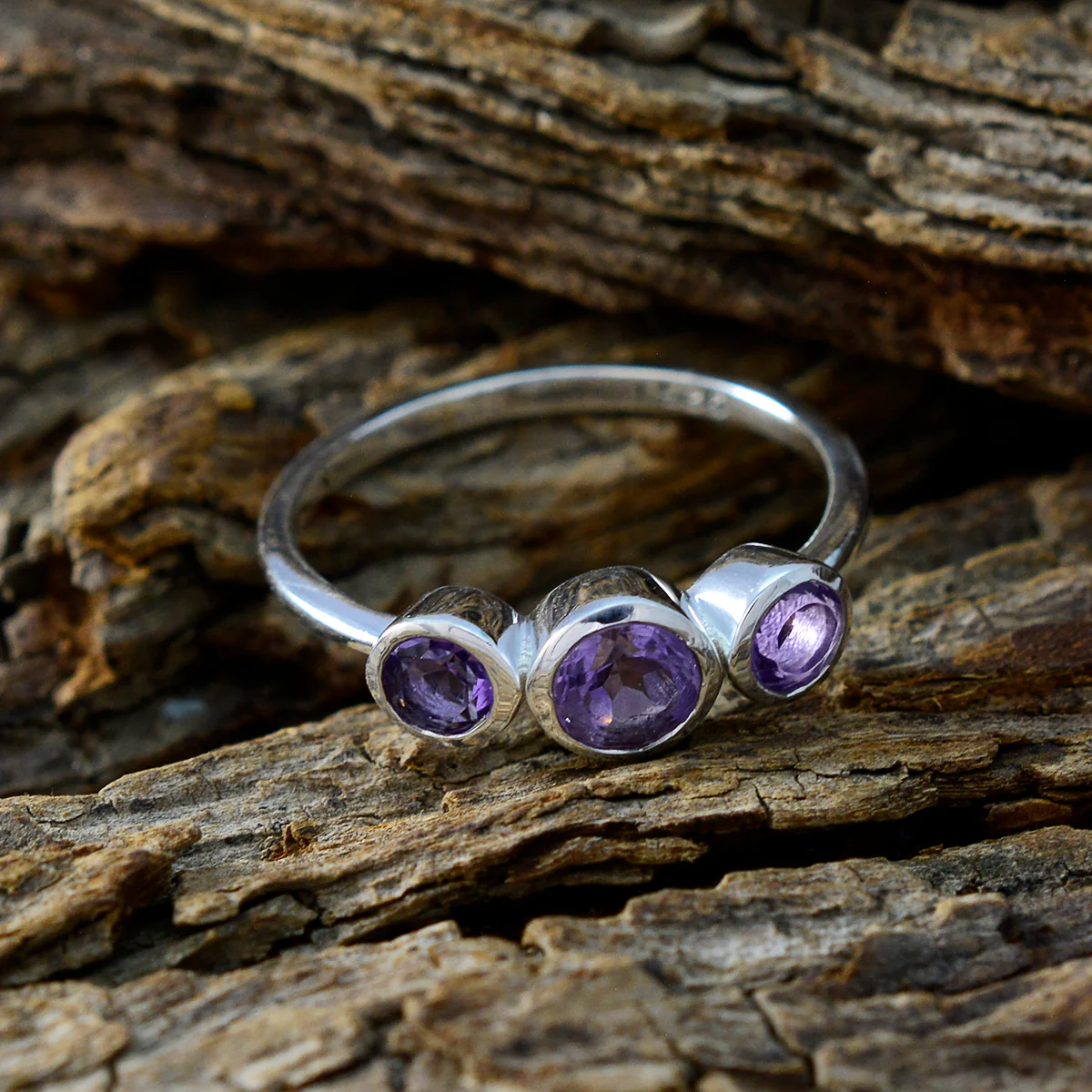 Amethyst Trilogy American 92.5 Silver Purple Gems Dainty Abstract Ring Jewellery - Image 3