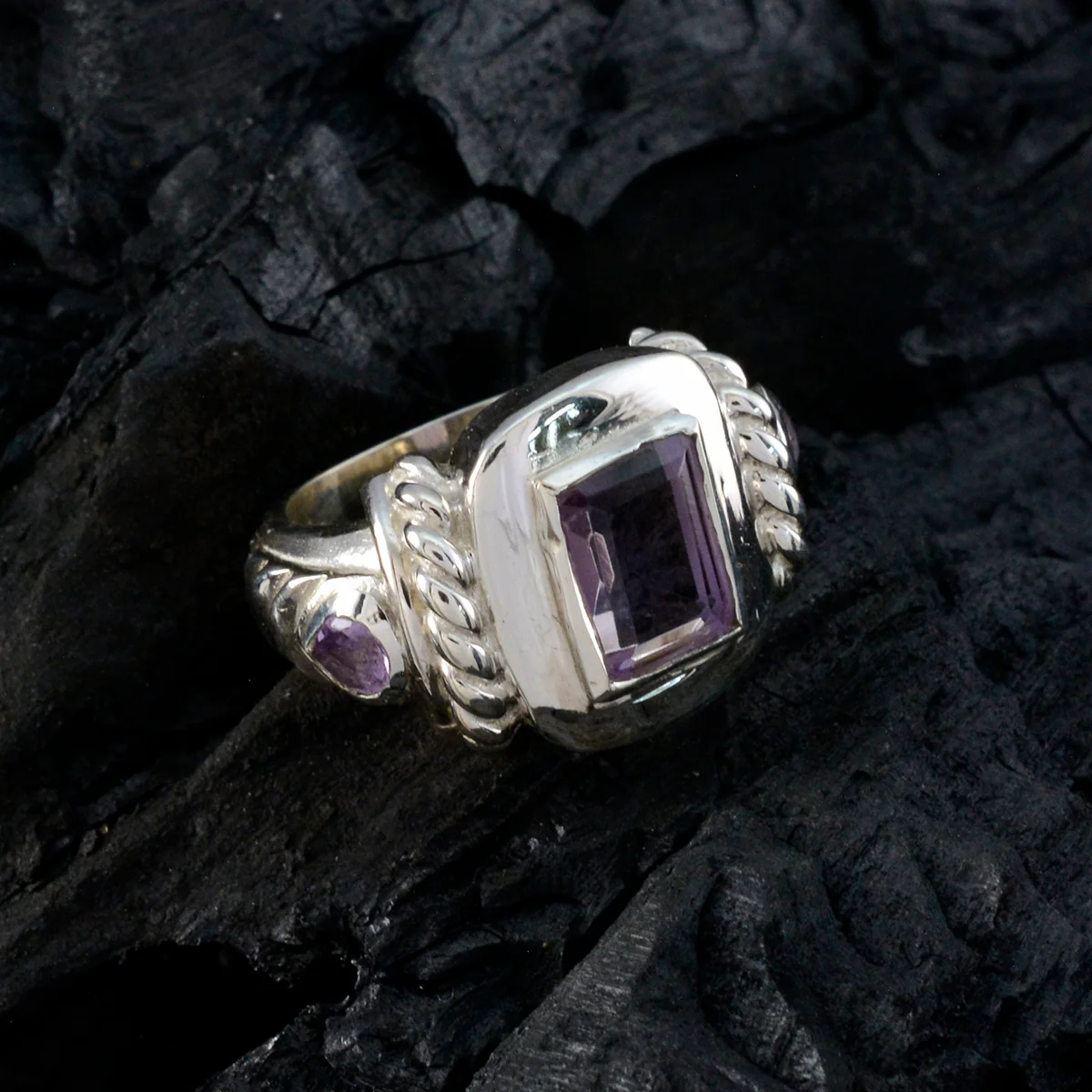 Amethyst Trilogy Egyptian Silver Purple Gemstones Eye-catching Abstract Ring Jewelry - Image 3