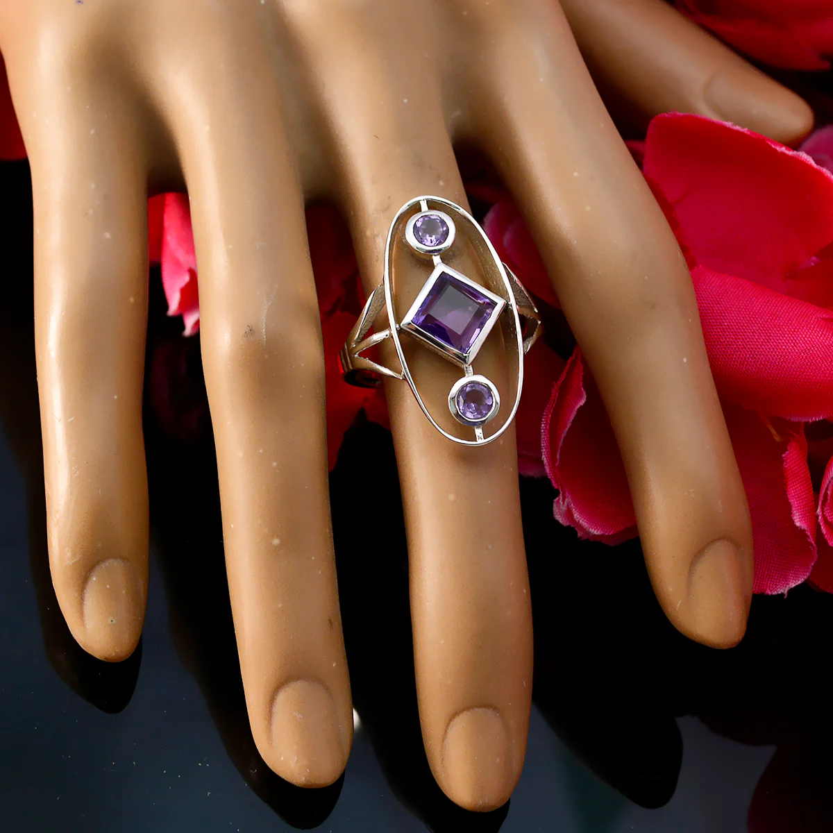 Amethyst Trilogy Egyptian Sterling Silver Purple Gems Slim Romantic Ring Jewellery - Image 5
