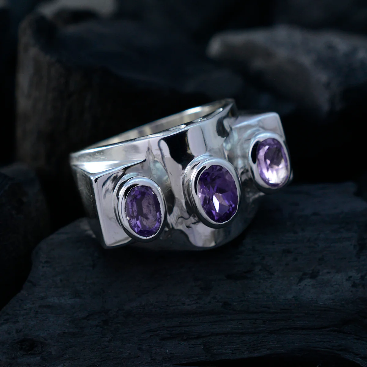 Amethyst Trilogy German 925 Sterling Silver Purple Gems Essential Trendy Ring Jewelry - Image 4