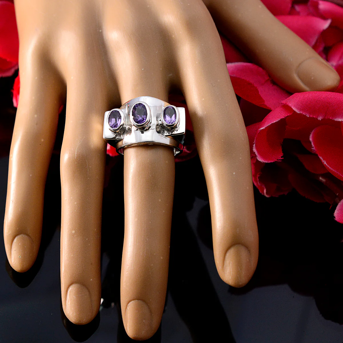 Amethyst Trilogy German 925 Sterling Silver Purple Gems Essential Trendy Ring Jewelry - Image 5