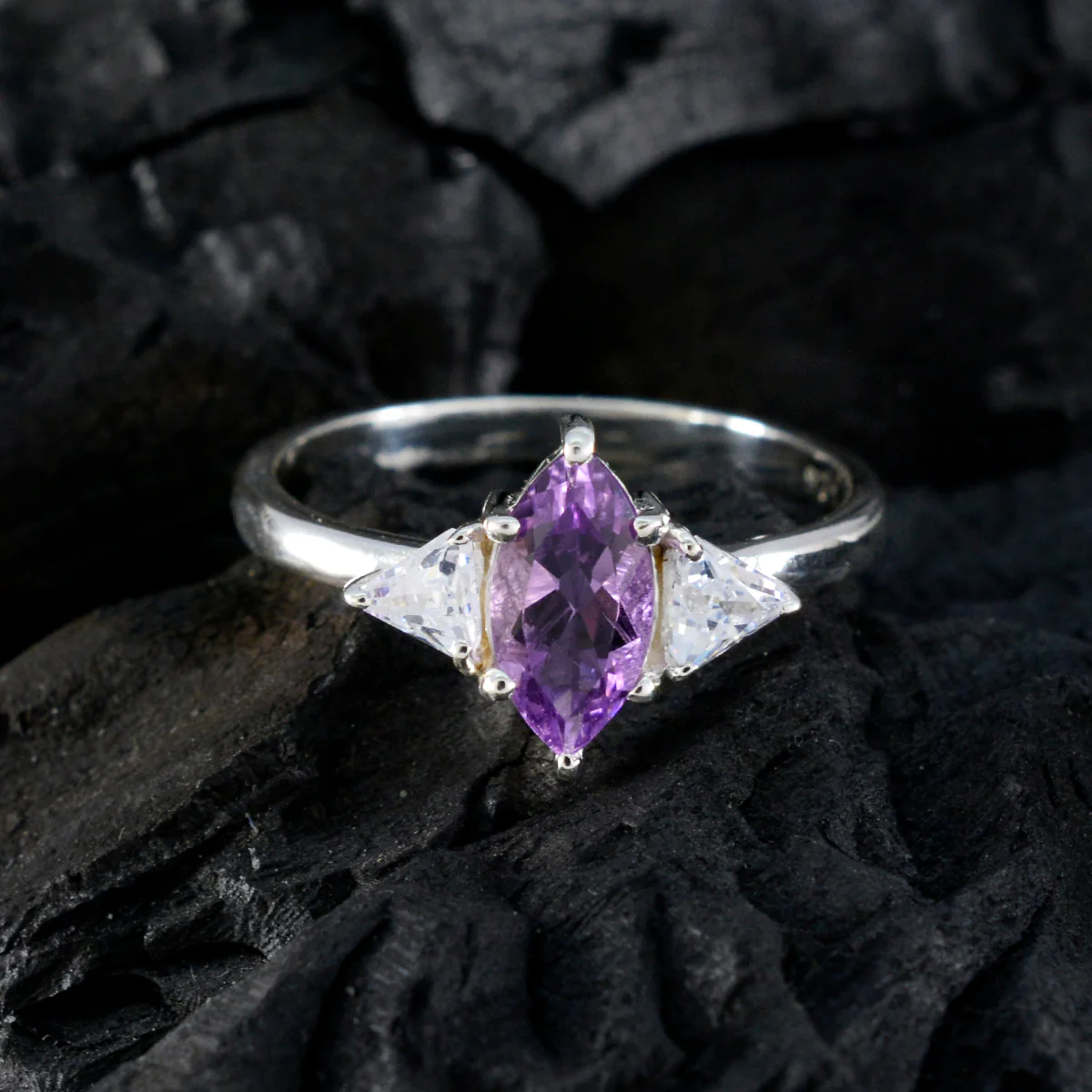 Amethyst Trilogy Japanese 925 Sterling Silver Purple Gems Dainty Contemporary Ring Jewelry - Image 4