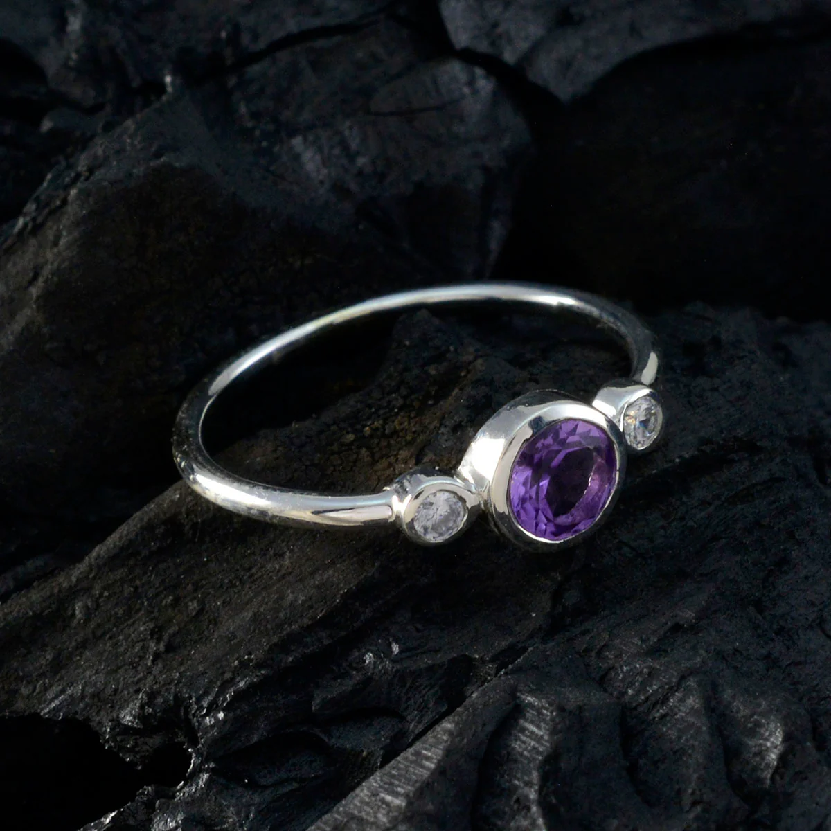 Amethyst Trilogy Korean 92.5 Silver Purple Gemstones Elegant Luxurious Ring Jewelry - Image 4