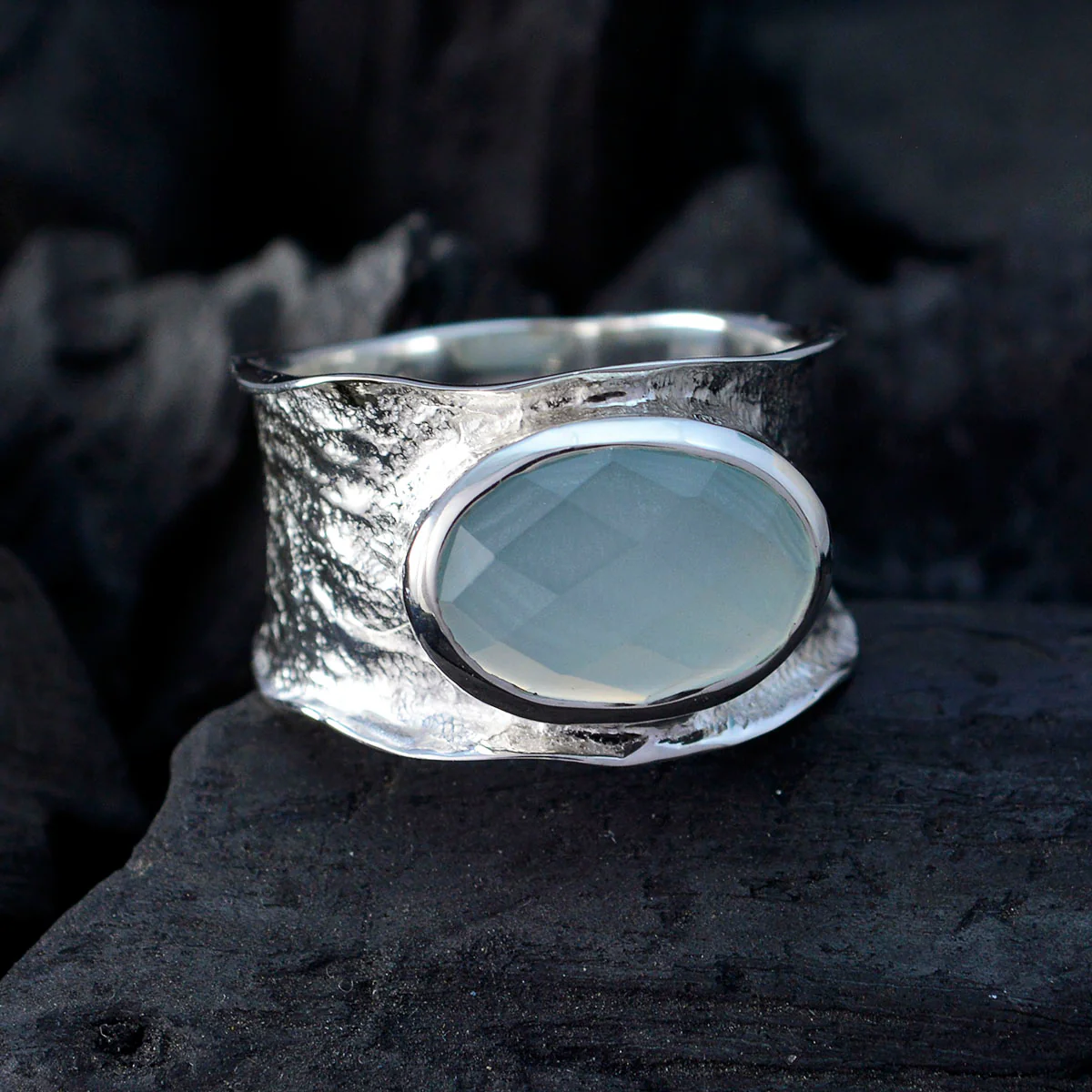 Aqua Chalcedony Solitaire Russian 925 Silver Green Gemstone Essential Oversized Band Jewelry - Image 4