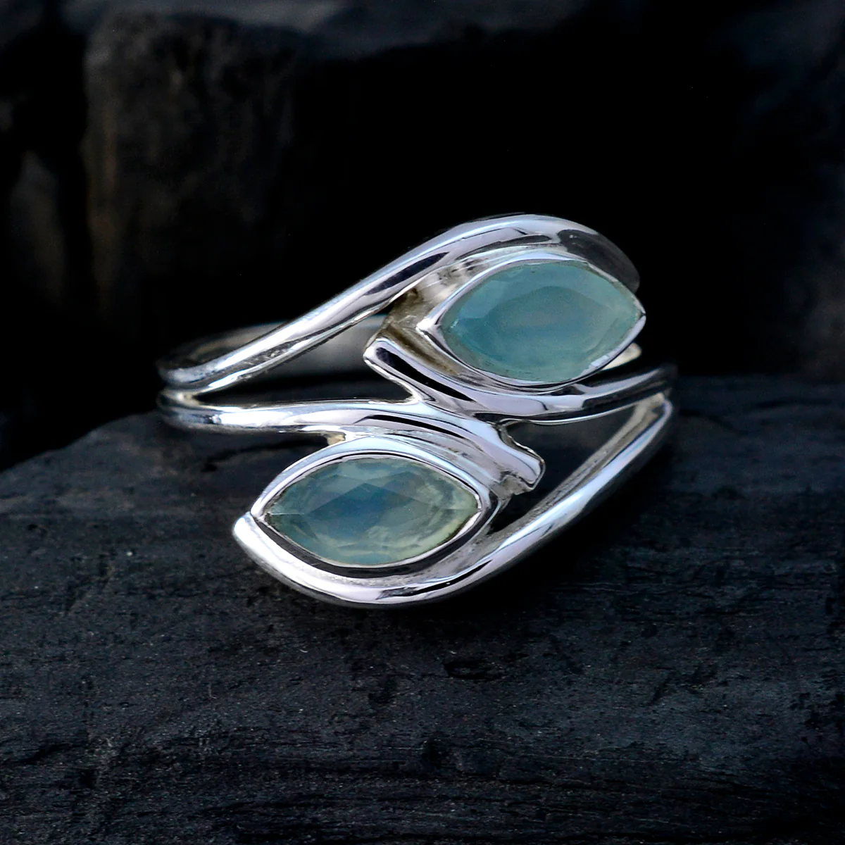 Aqua Chalcedony Toi et Moi German 925 Silver Green Gemstones Slim Graceful Ring Jewellery - Image 4