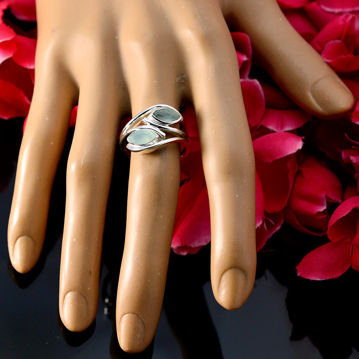 Aqua Chalcedony Toi et Moi German 925 Silver Green Gemstones Slim Graceful Ring Jewellery - Image 5