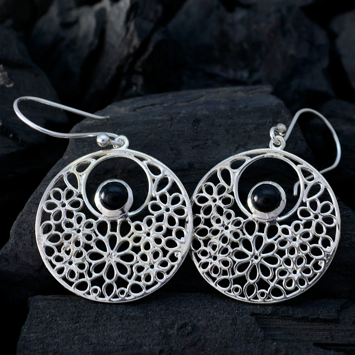 Black Onyx African Ellie Solitaire Dangle Black 92.5 Silver Earring - Image 2