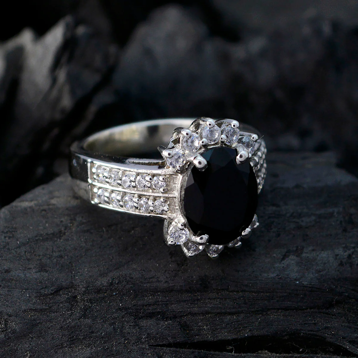 Black Onyx Halo French 925 Silver Black Gemstone Classic Trendy Ring Jewelry - Image 5