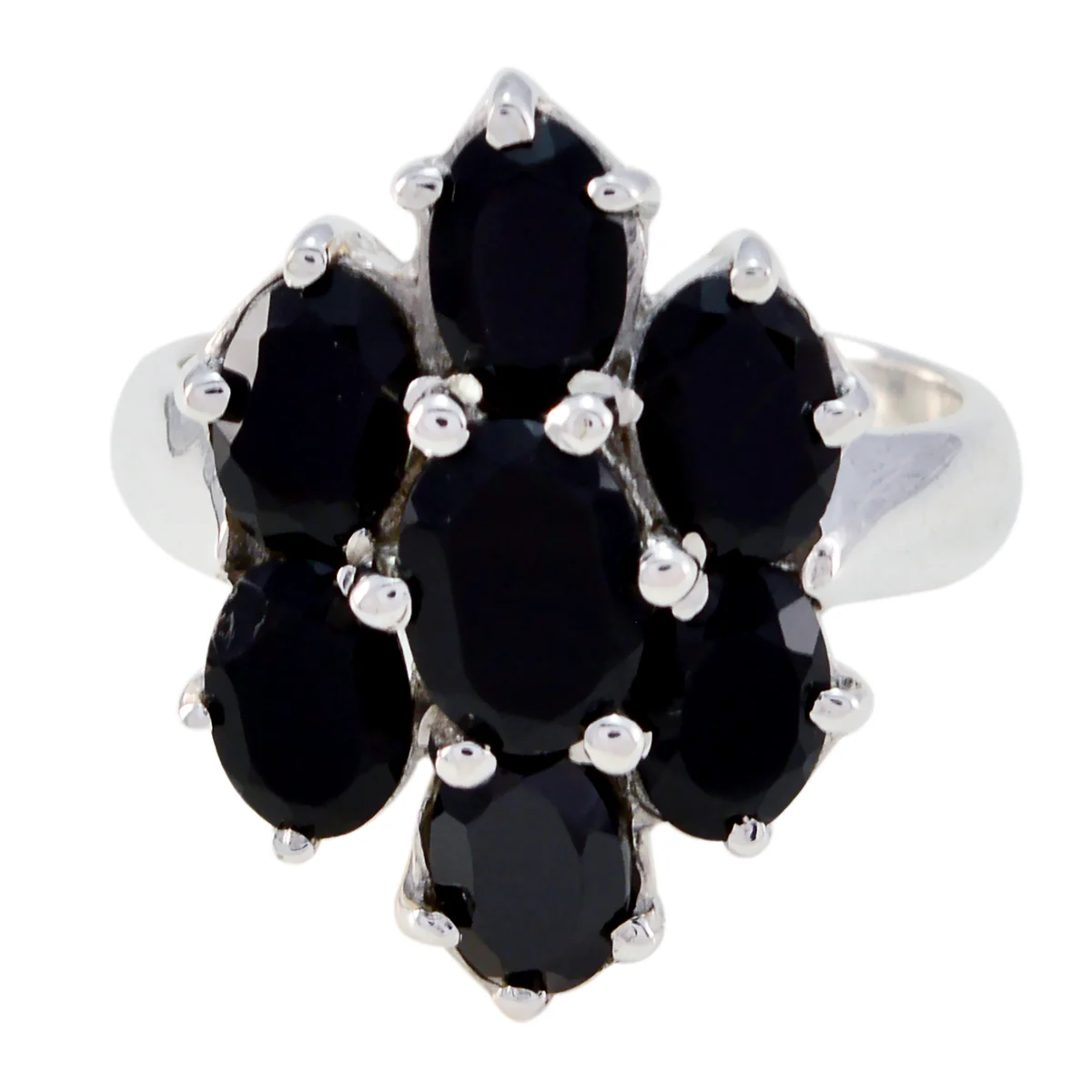 Black Onyx Hepta Egyptian 925 Silver Black Gemstones Mid-weight Floral Ring Jewellery
