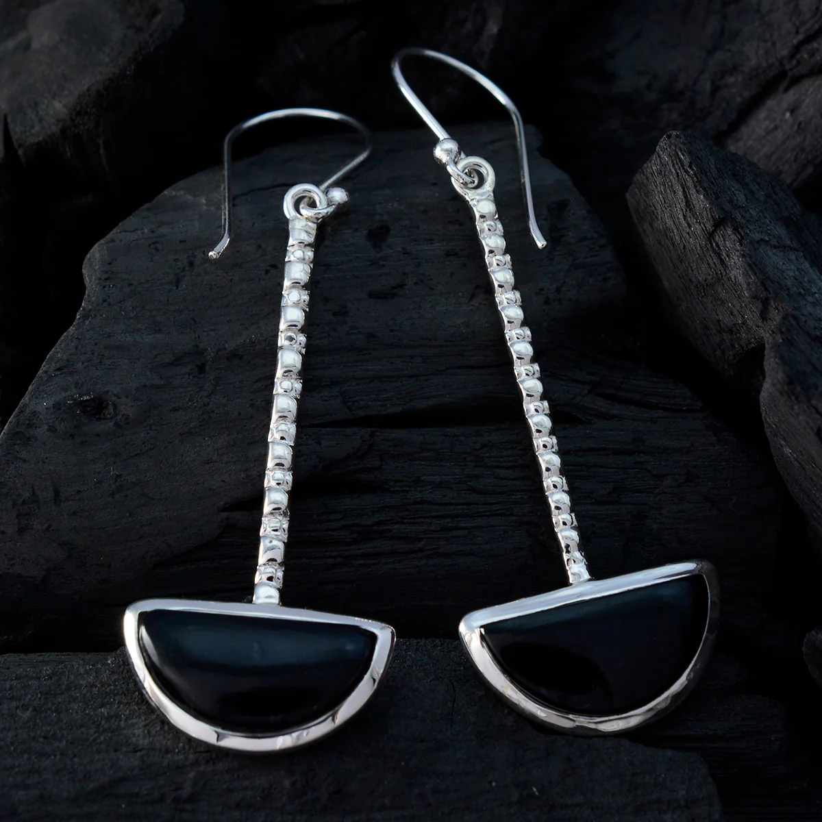 Black Onyx Moroccan Emily Solitaire Dangle Black Sterling Silver Earring - Image 2