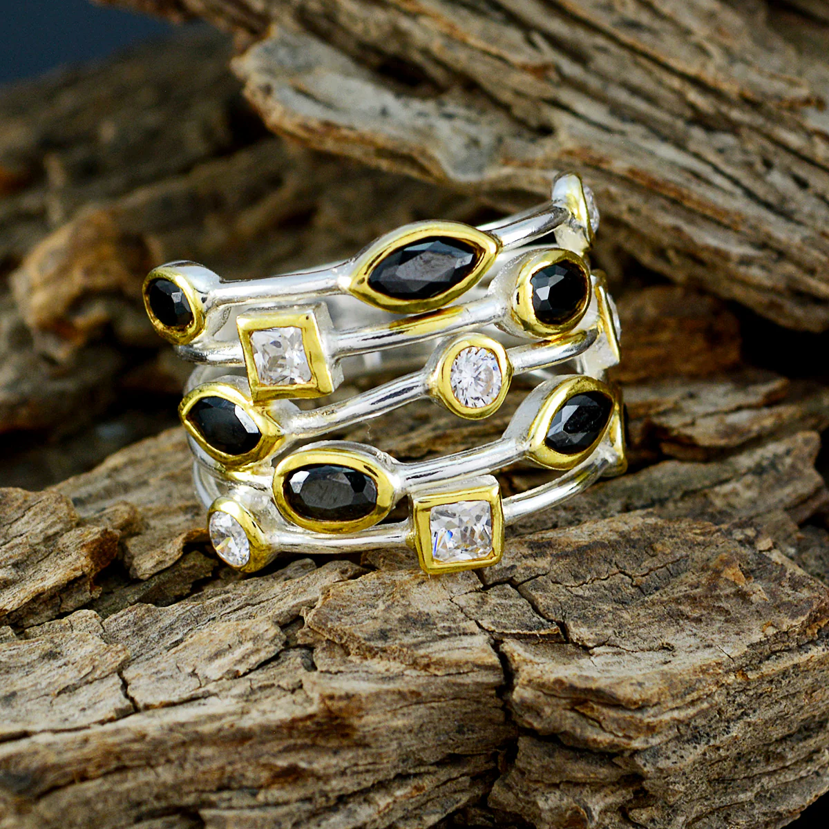 Black Onyx multiple Egyptian Sterling Silver Black Gems Eye-catching Contemporary Ring Jewellery - Image 3