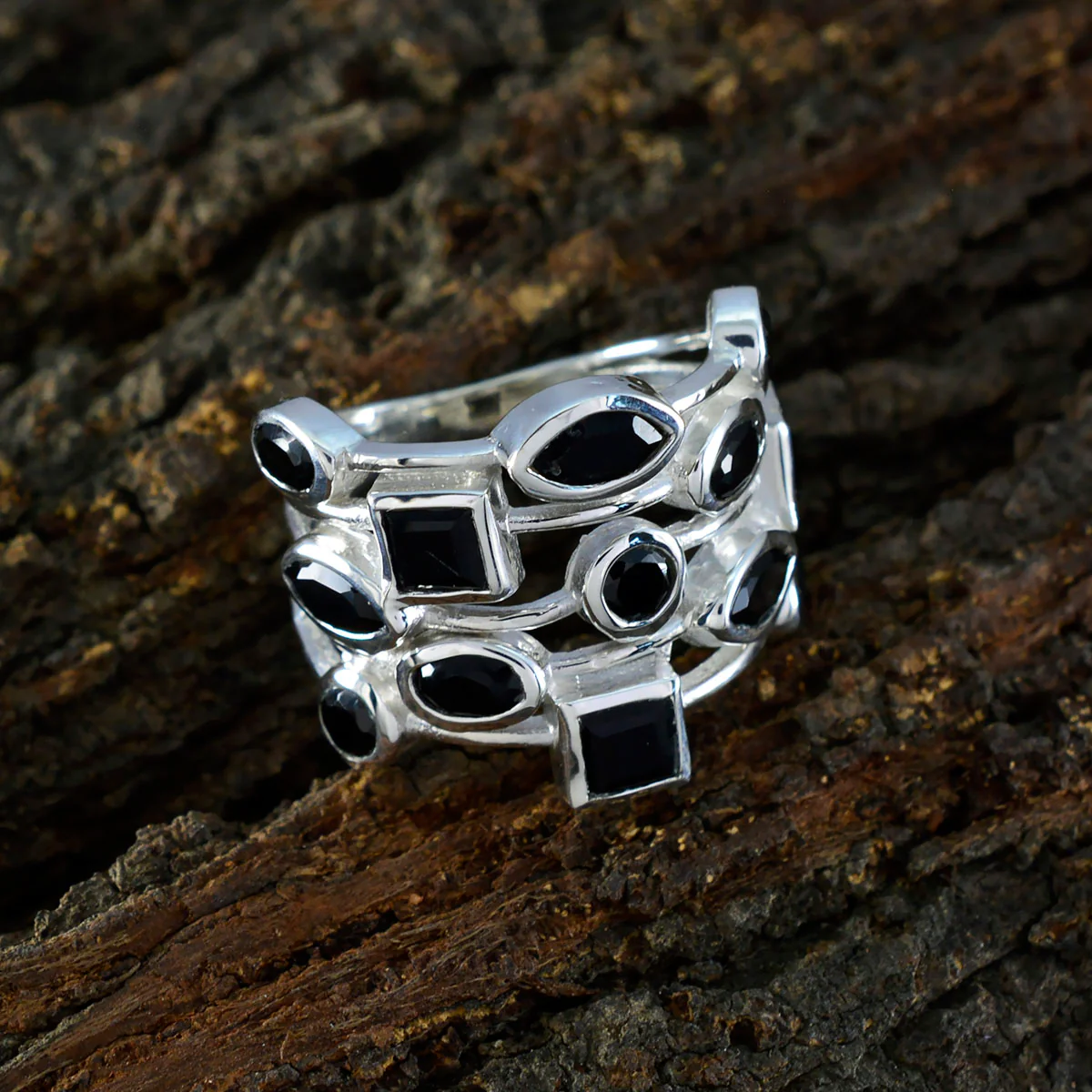 Black Onyx multiple Moroccan Silver Black Gemstones Eye-catching Modern Ring Jewelry - Image 3