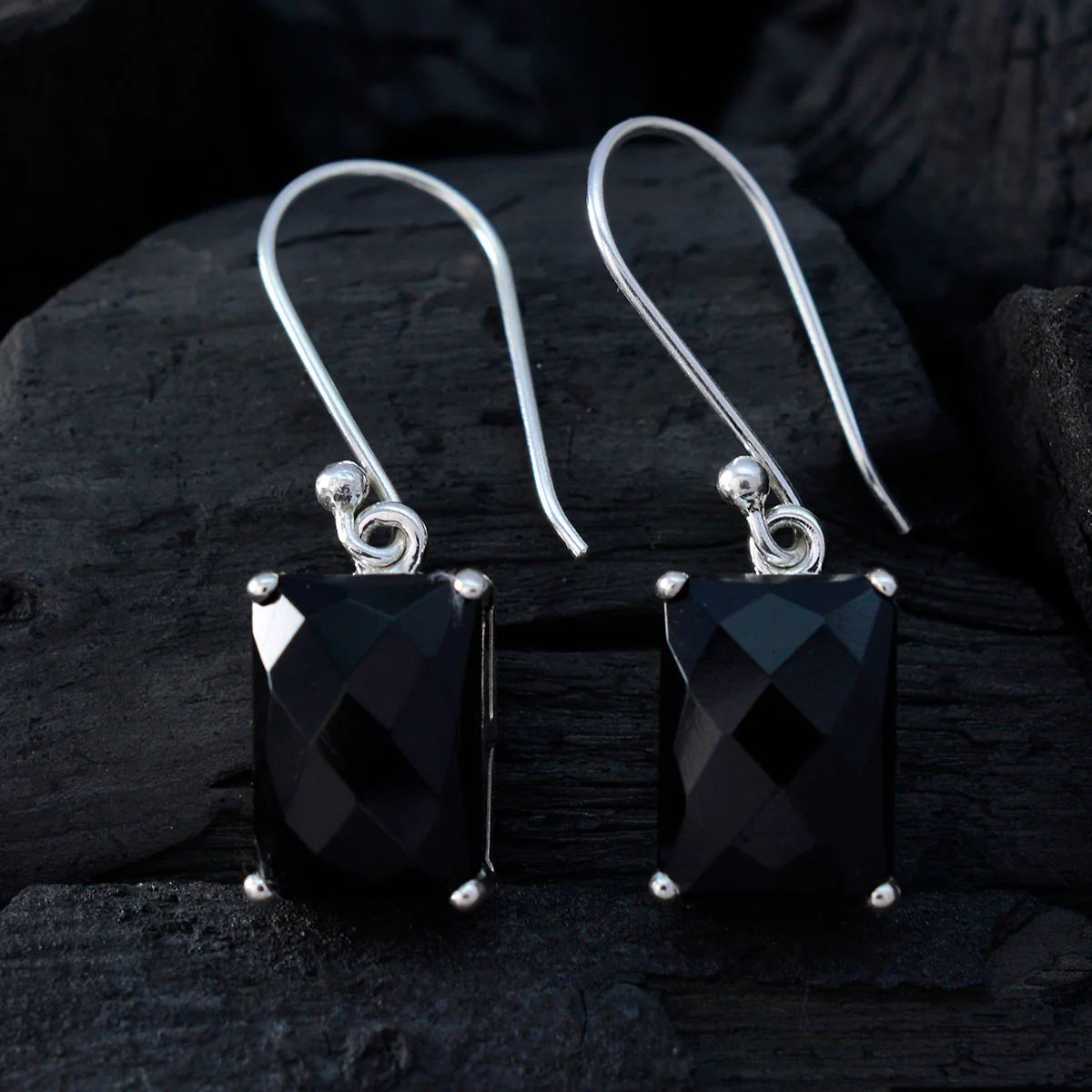 Black Onyx Russian Inès Solitaire Dangle Black Sterling Silver Earring - Image 2