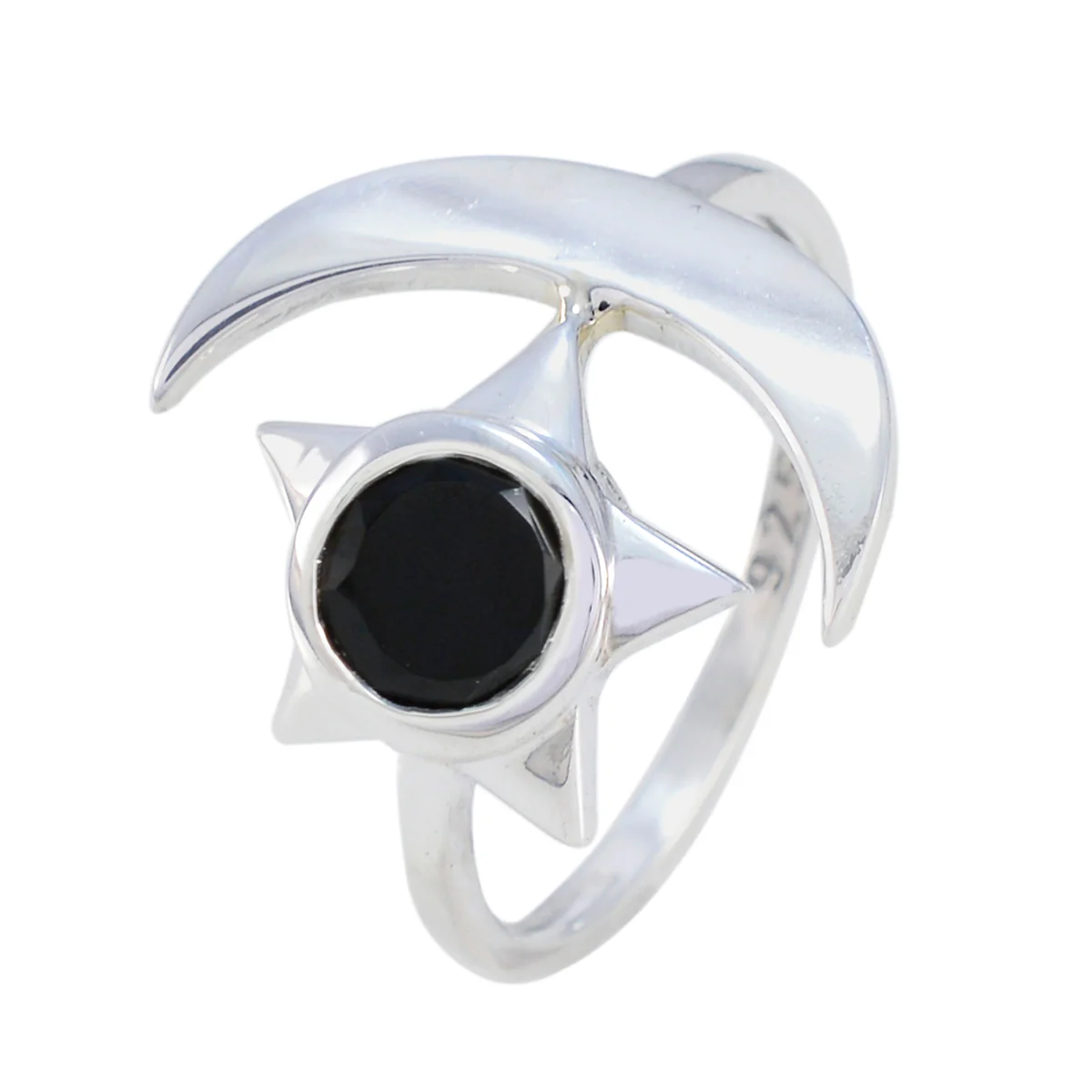Black Onyx Solitaire German Silver Black Gemstone Slim Moon & Star Ring Jewelry - Image 2