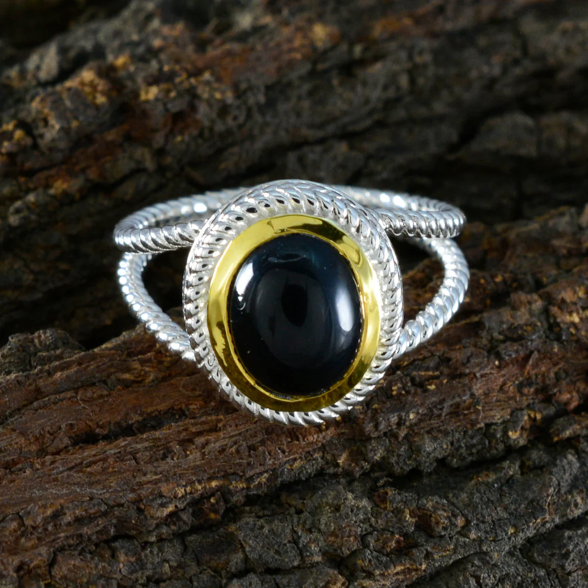 Black Onyx Solitaire Italian 925 Sterling Silver Black Gemstones Classic Rope-Wire Ring Jewellery - Image 3