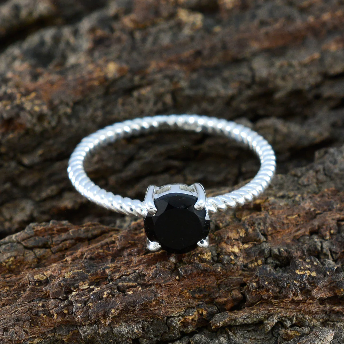 Black Onyx Solitaire Korean 92.5 Silver Black Gems Delicate Twist Ring Jewellery - Image 3