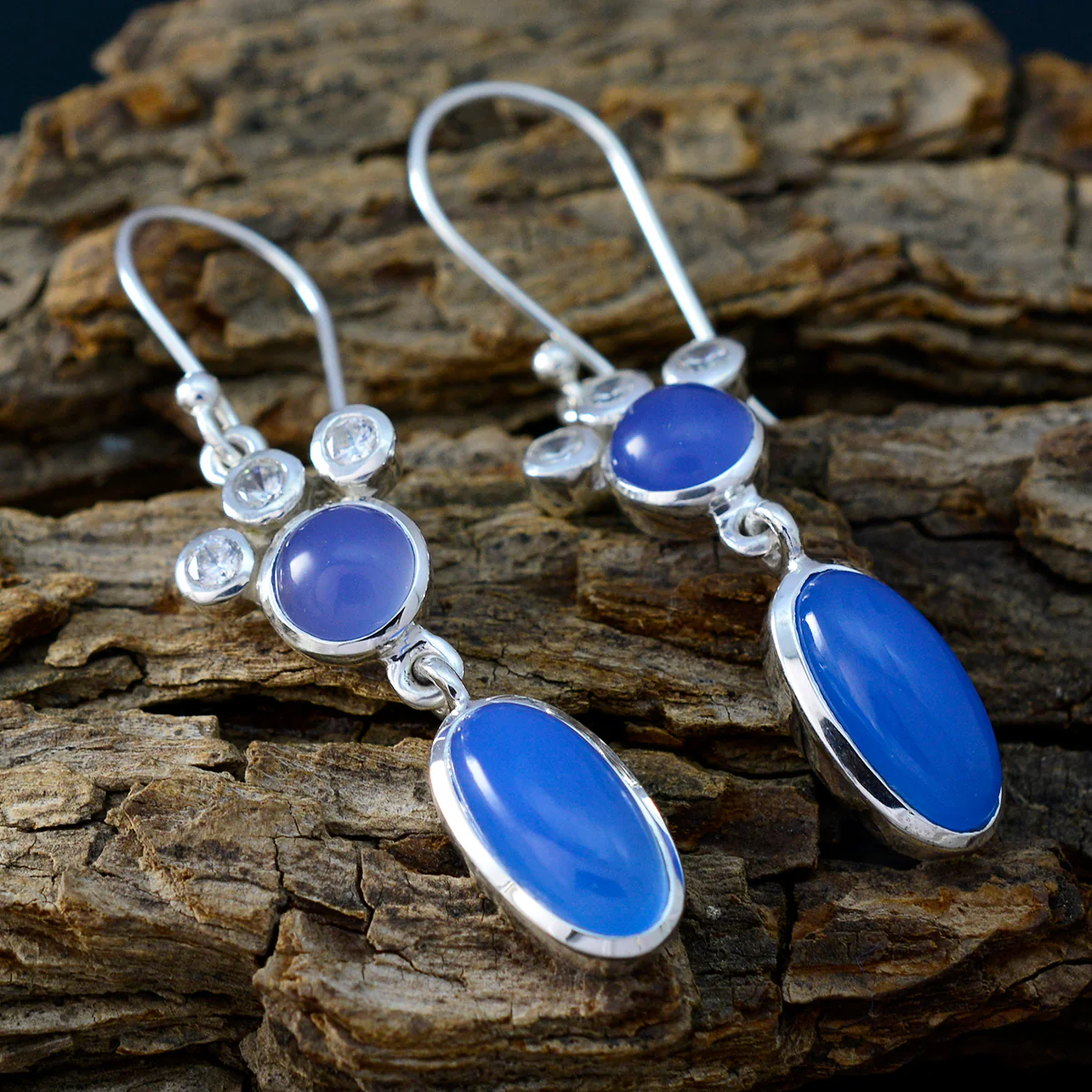 Blue Chalcedony African Haruka Toi et Moi Dangle Blue 925 Silver Earring - Image 3
