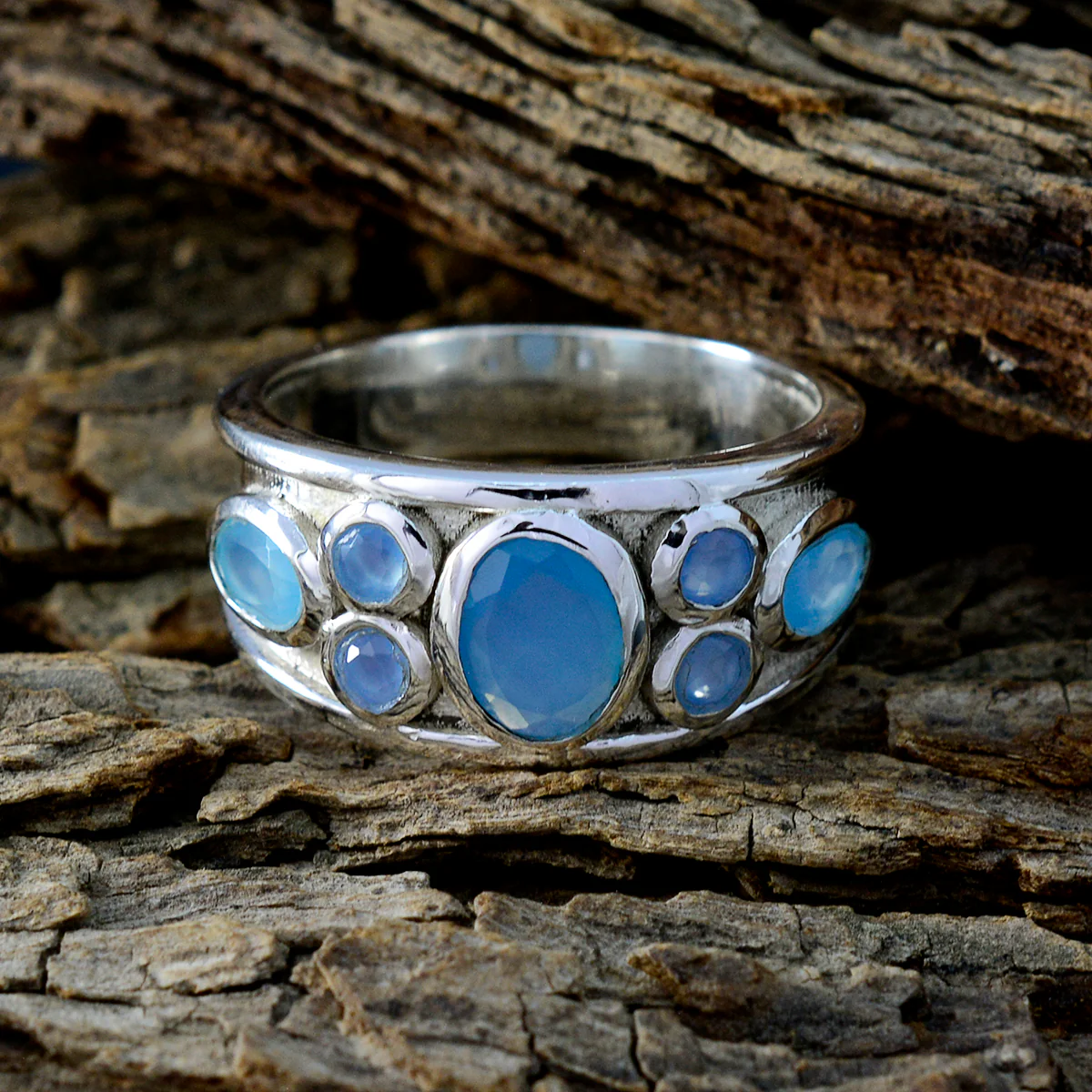 Blue Chalcedony Hepta French Silver Blue Gems Mid-weight Trendy Ring Jewelry - Image 3