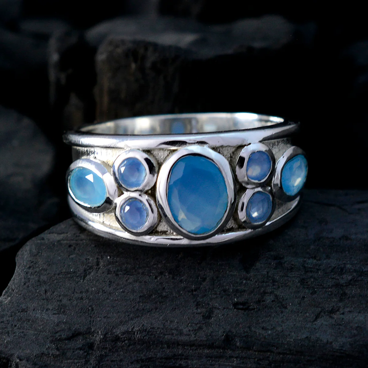 Blue Chalcedony Hepta French Silver Blue Gems Mid-weight Trendy Ring Jewelry - Image 4