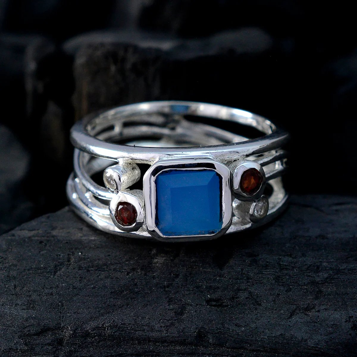 Blue Chalcedony Penta Moroccan 925 Silver Blue Gemstone Minimal Modern Ring Jewellery - Image 4