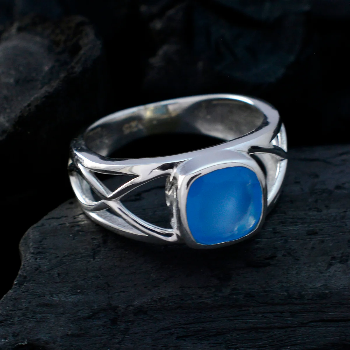 Blue Chalcedony Solitaire African 925 Silver Blue Gems Tiny Abstract Ring Jewellery - Image 4