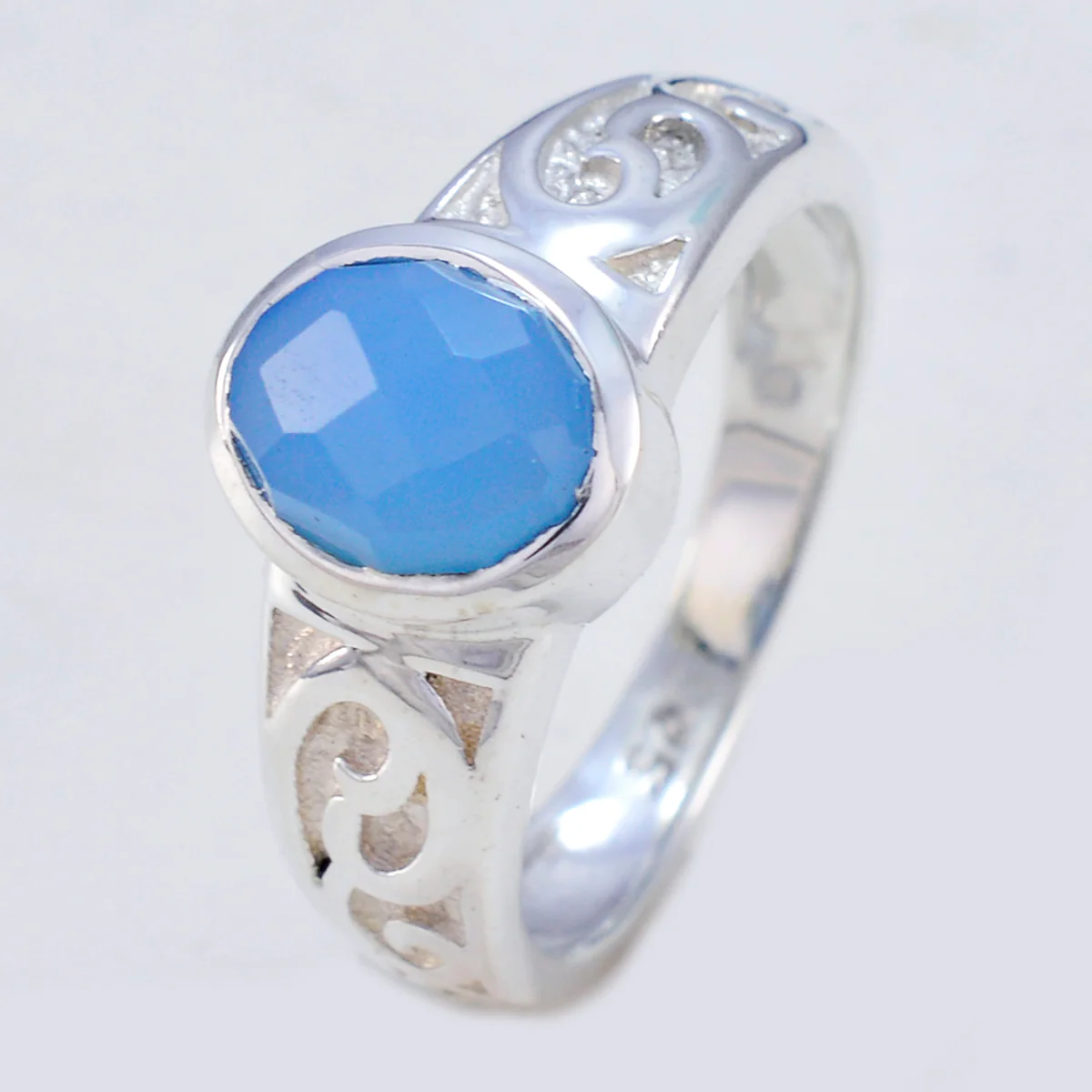 Blue Chalcedony Solitaire Australian 92.5 Silver Blue Gems Slim Rope-Wire Ring Jewellery - Image 2
