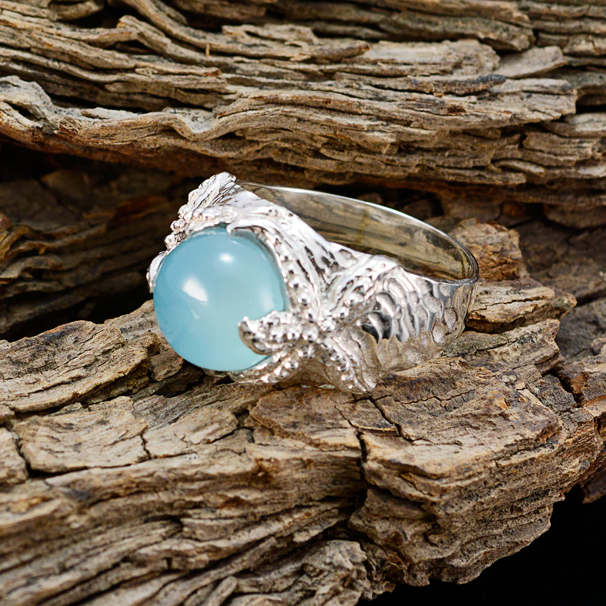 Blue Chalcedony Solitaire French Silver Blue Gemstones Statement Art Deco Ring Jewellery - Image 4