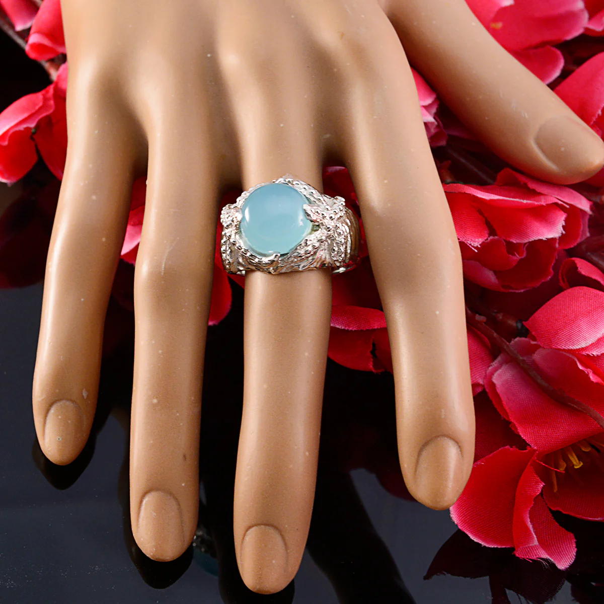 Blue Chalcedony Solitaire French Silver Blue Gemstones Statement Art Deco Ring Jewellery - Image 6