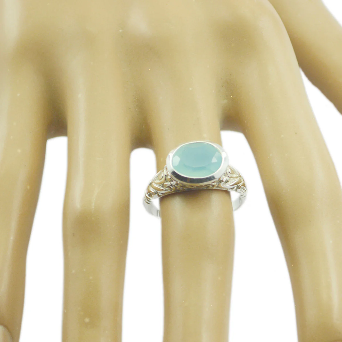 Blue Chalcedony Solitaire German 92.5 Silver Blue Gems Minimal Art Deco Ring Jewelry - Image 2