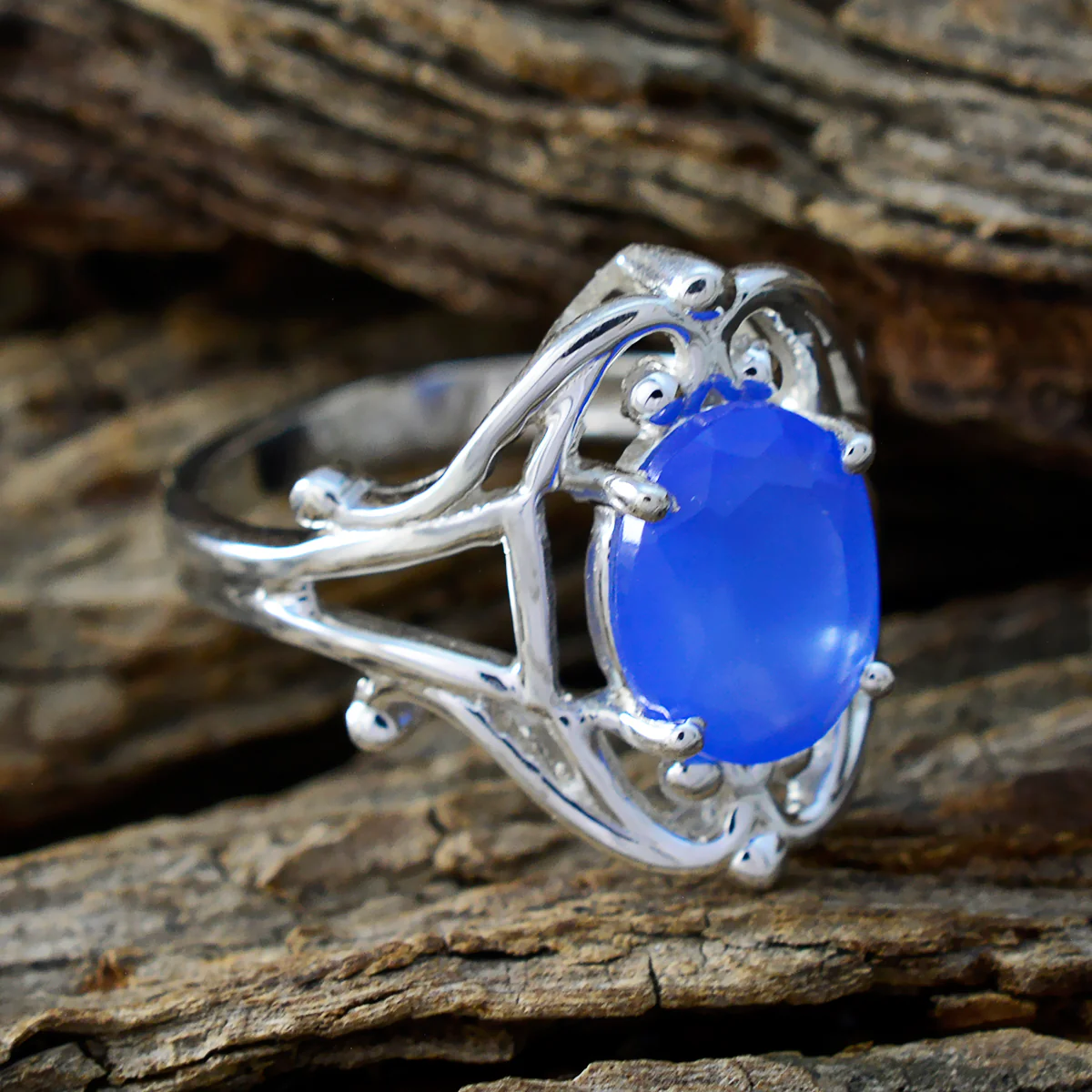 Blue Chalcedony Solitaire Indian 925 Silver Blue Gemstones Tiny Boho Ring Jewelry - Image 3