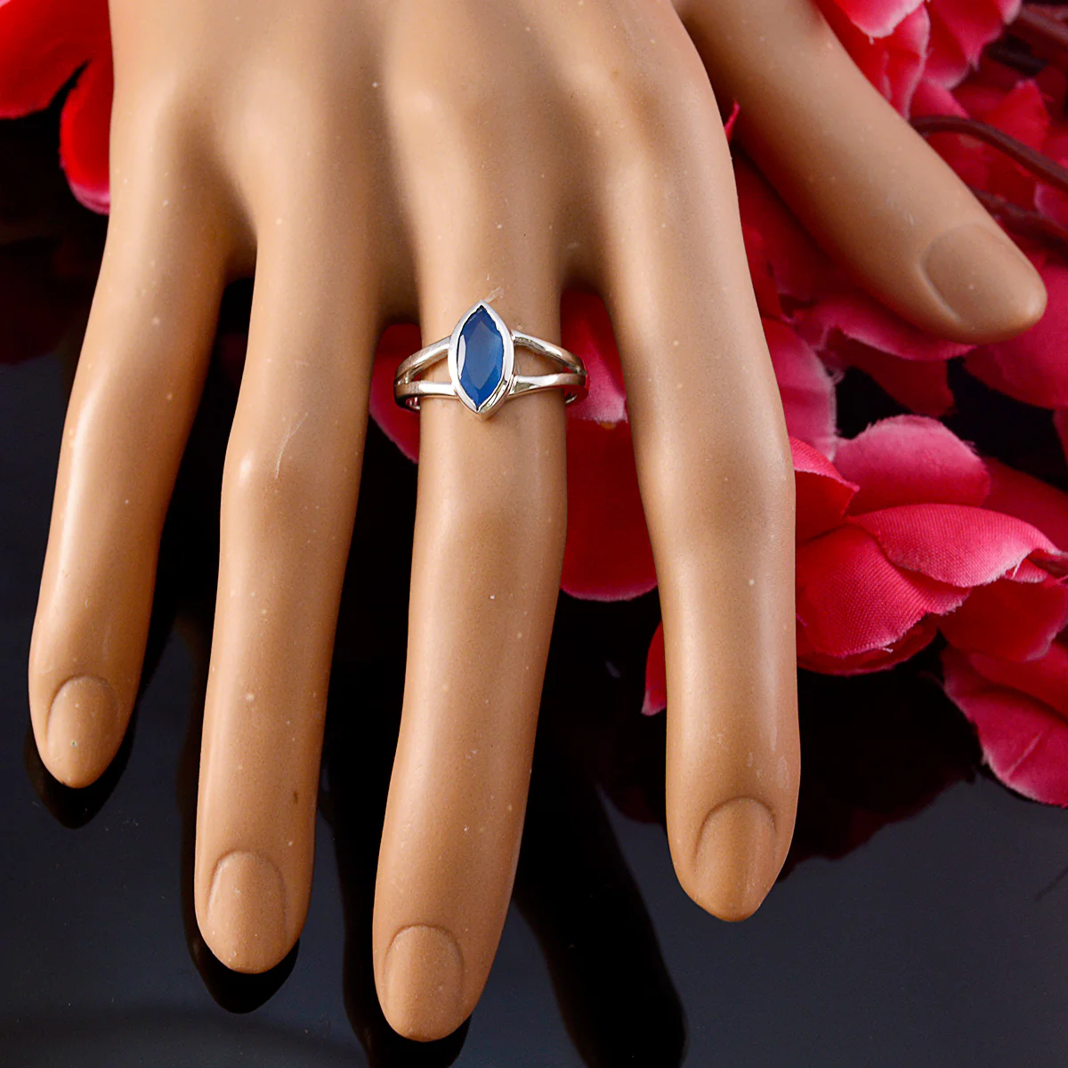Blue Chalcedony Solitaire Japanese Silver Blue Gems Dainty Geometric Ring Jewelry - Image 6