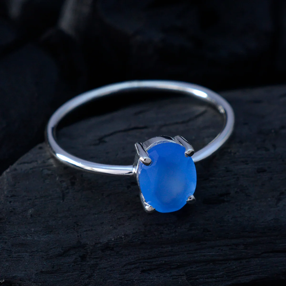 Blue Chalcedony Solitaire Korean 92.5 Silver Blue Gemstones Elegant Feminine Ring Jewelry - Image 4